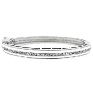 Vintage La Rose White Enamel Silver Diamonds Bangle Bracelet with Clasp